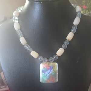 Chic Cream and Blue Beaded Necklace with Artistic Pendant